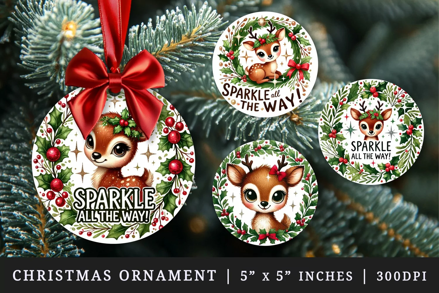 Watercolor reindeer peeking through wreath made of holly berries Christmas quote New Year winter print round ornament ornaments sublimation design
