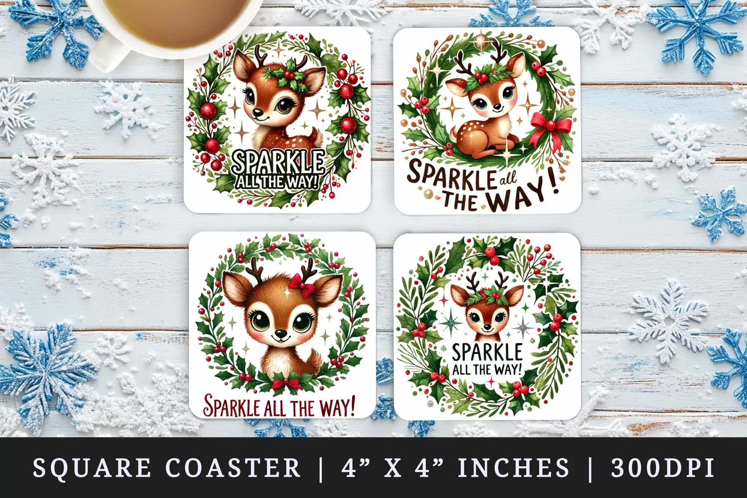 Watercolor reindeer peeking through wreath made of holly berries Christmas quote New Year winter print square coaster mug coasters sublimation design