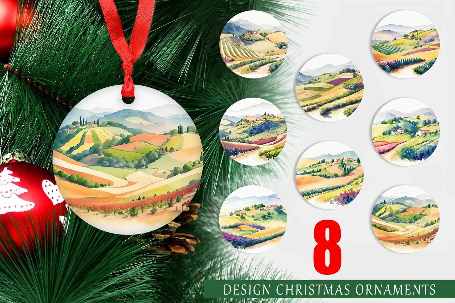 Christmas Ornaments Watercolor Rolling Hills Landscapes product image 1