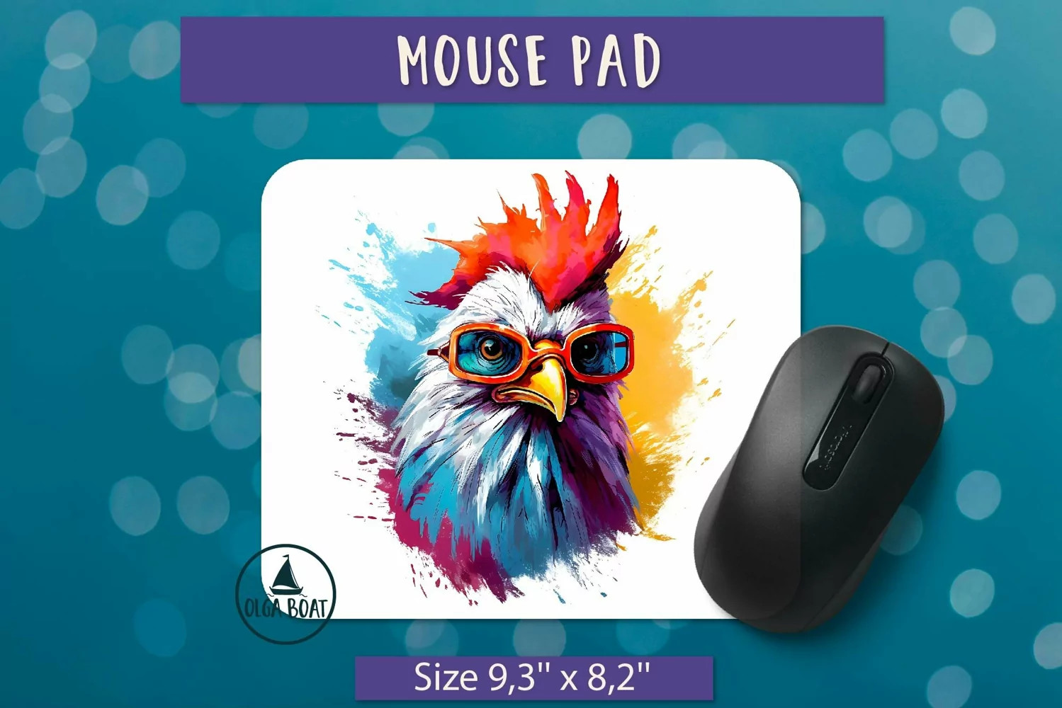 Watercolor rooster  Mouse pad sublimation design 