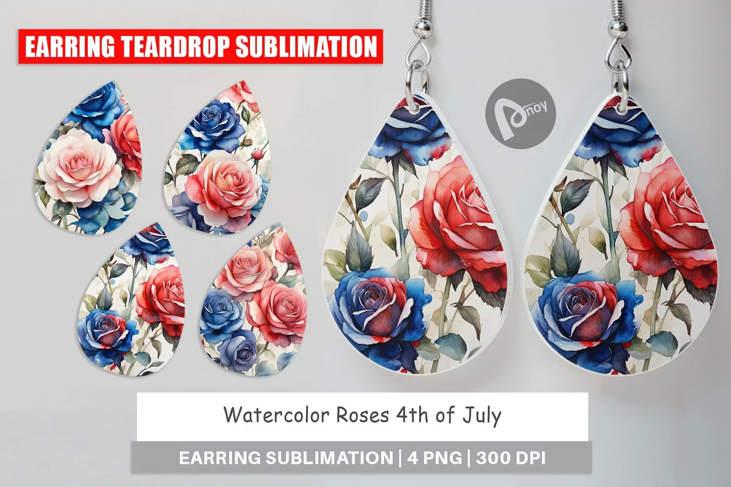 Earring Teardrop Watercolor Roses Patriotic product image 1