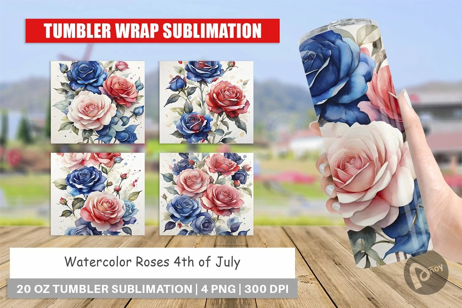 Tumbler Wrap Watercolor Roses Patriotic product image 1