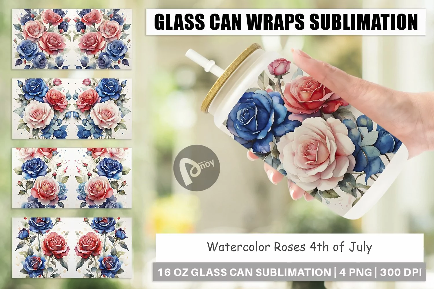 Glass Can Wraps Watercolor Roses Patriotic product image 1