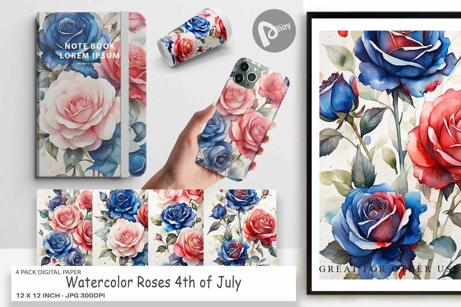 Digital Paper Watercolor Roses Patriotic product image 1