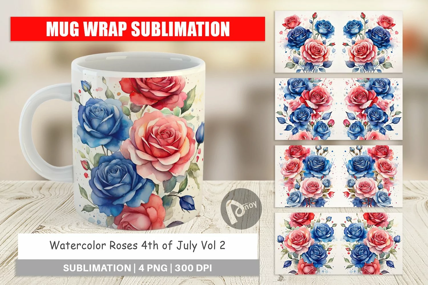 Mug Wrap Design Watercolor Roses Patriotic product image 1
