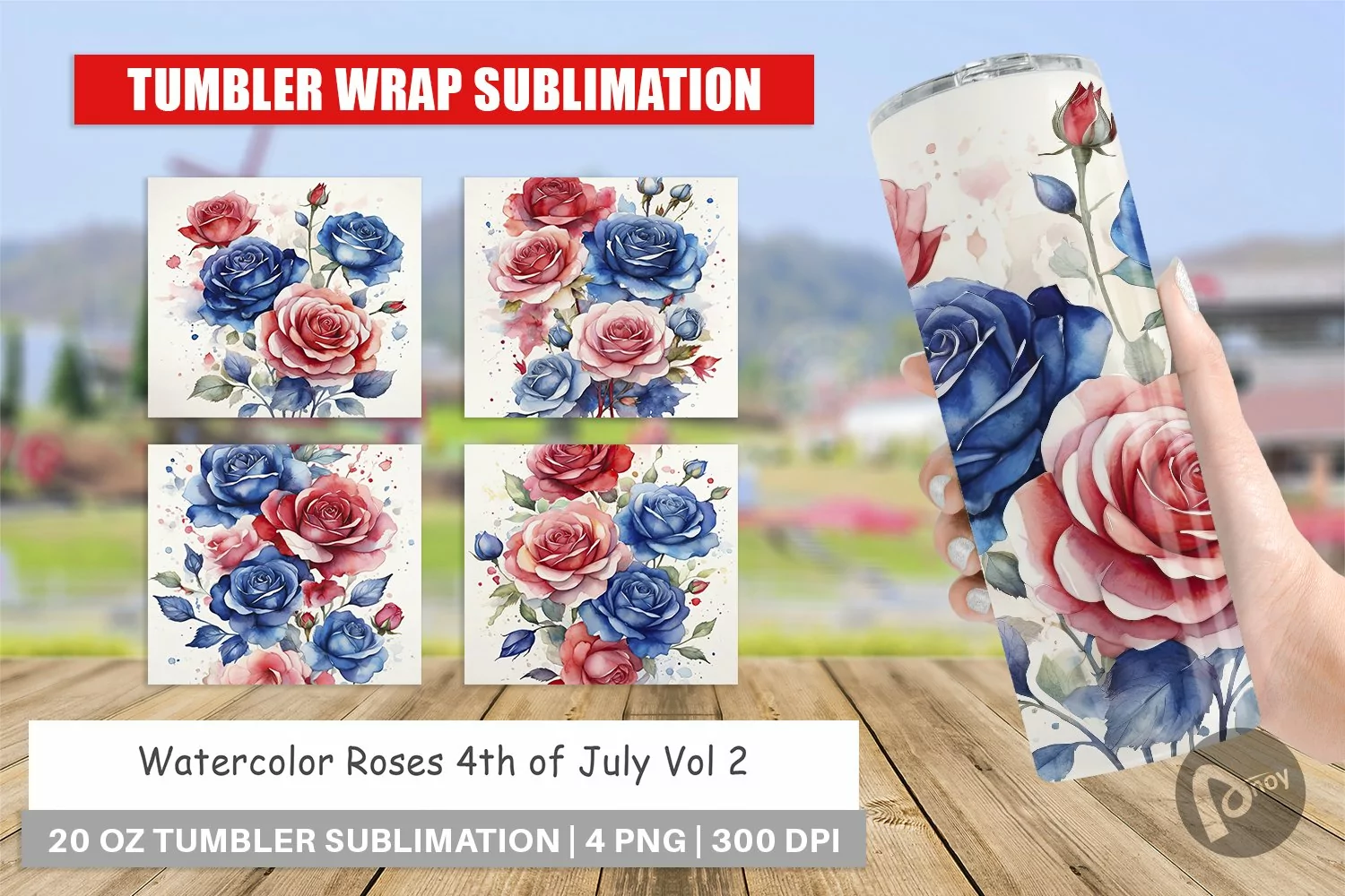 Tumbler Wrap Watercolor Roses Patriotic product image 1