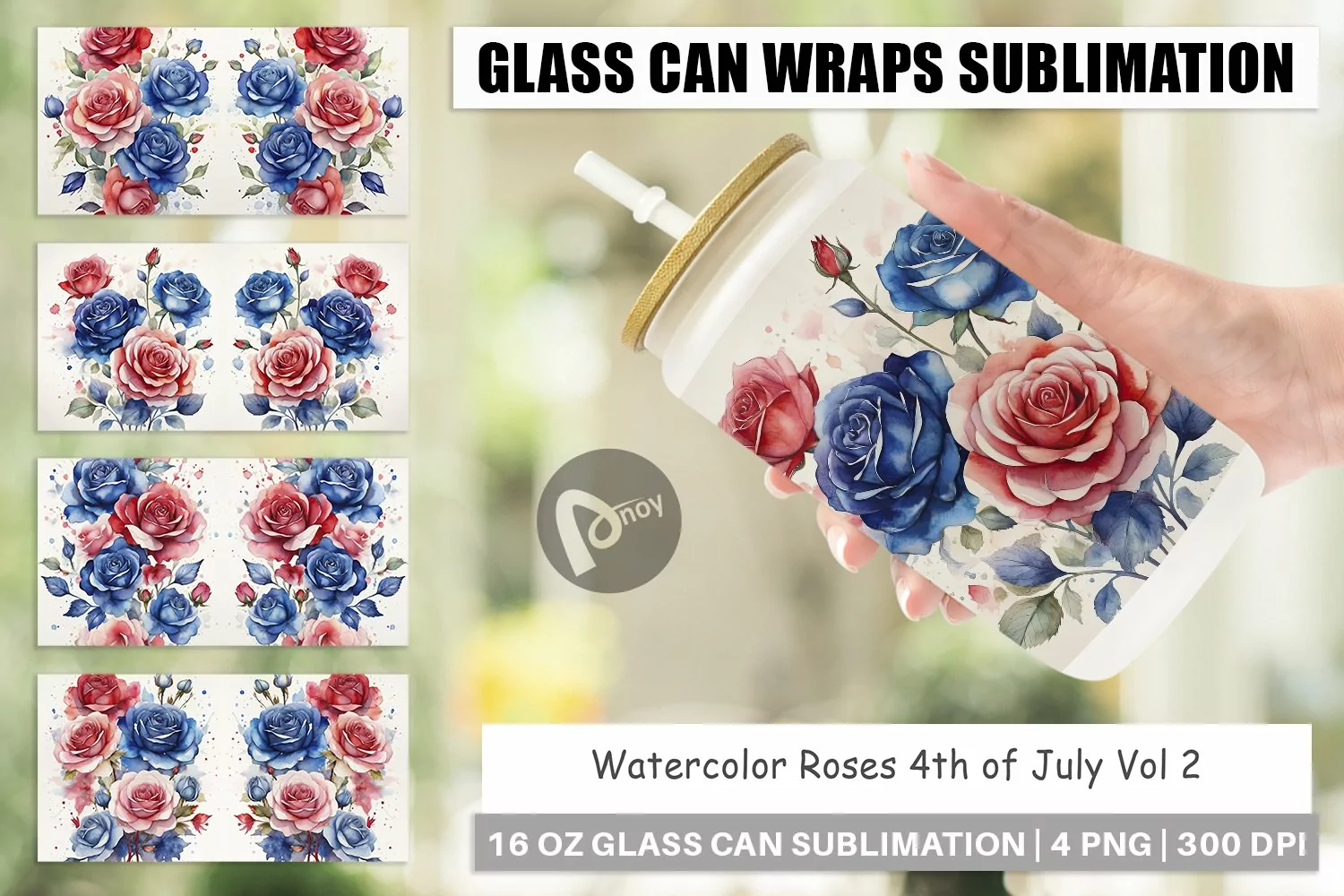 Glass Can Wraps Watercolor Roses Patriotic product image 1