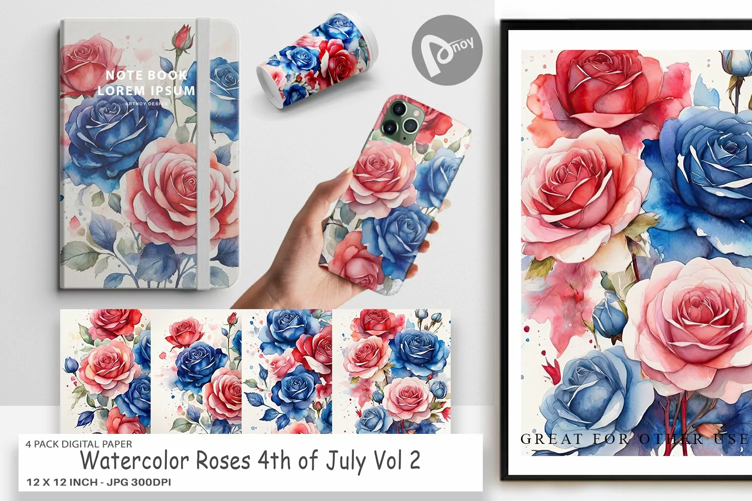 Digital Paper Watercolor Roses Patriotic product image 1