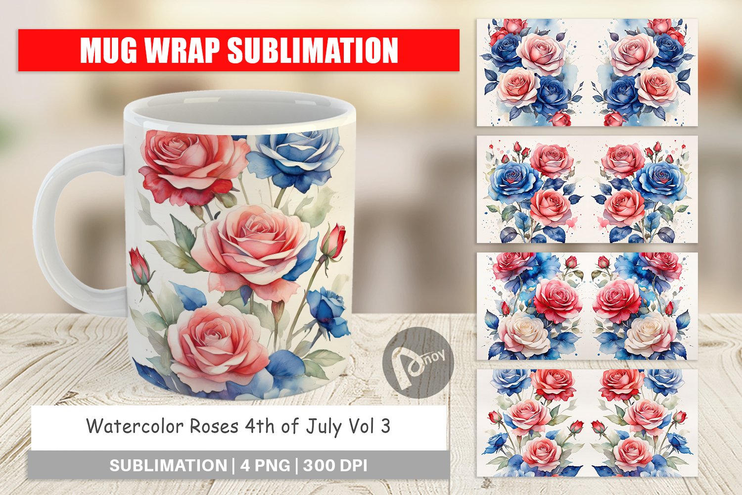 Mug Wrap Design Watercolor Roses Patriotic product image 1