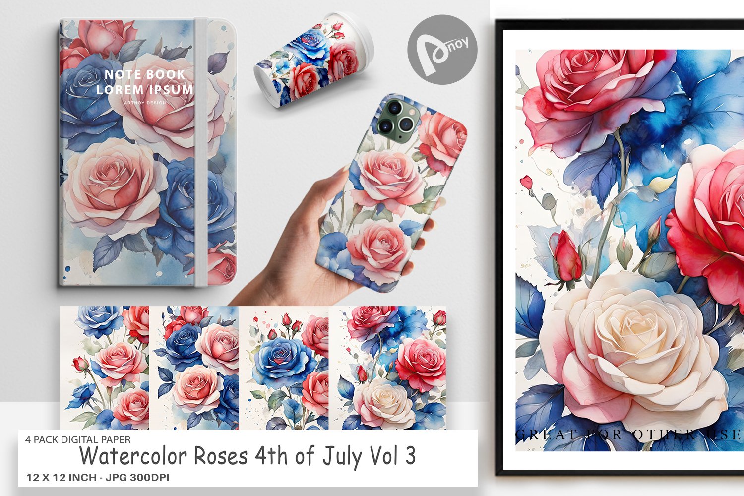 Digital Paper Watercolor Roses Patriotic product image 1