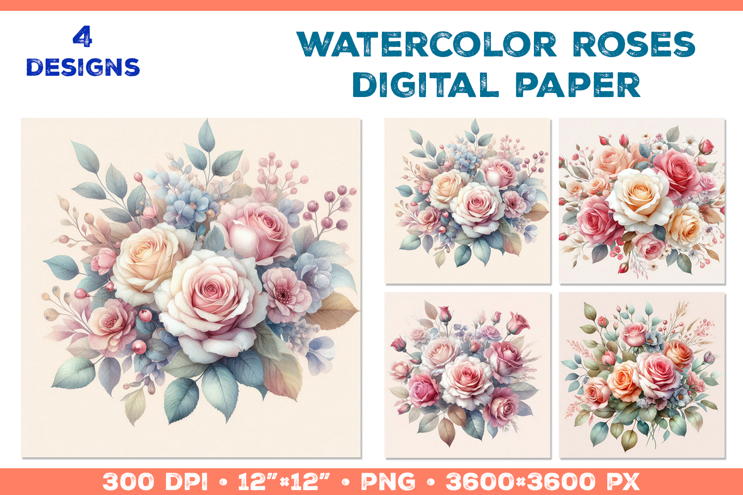 Watercolor Roses Digital Paper Elegant Floral Design product image 1