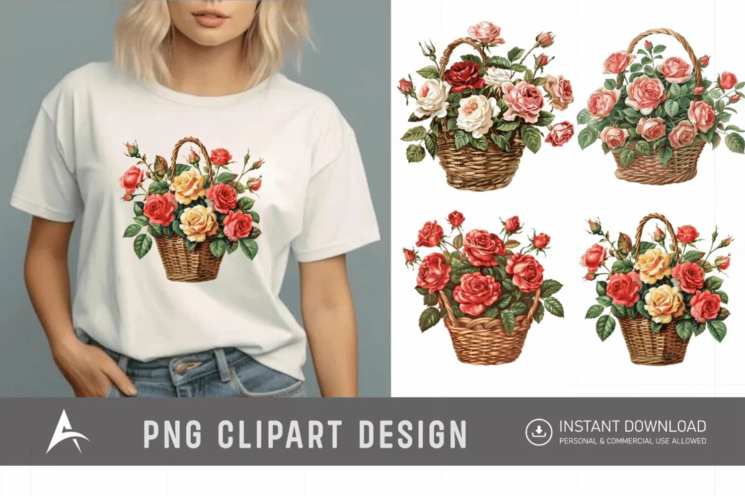 Watercolor Roses in a Basket Clipart product image 1