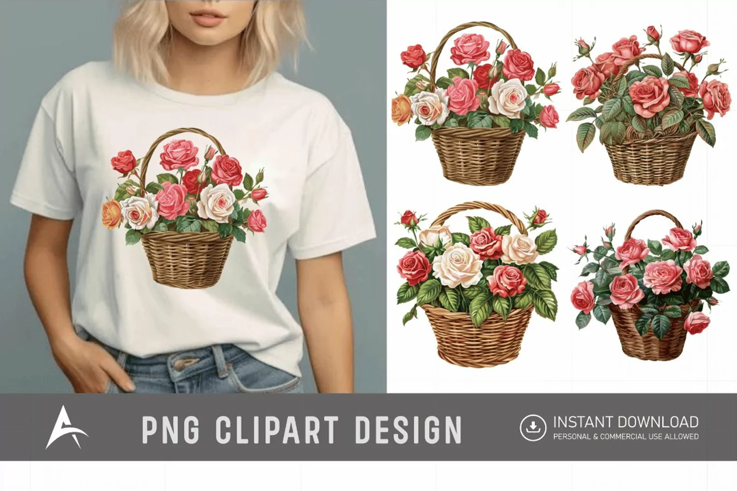 Watercolor Roses in a Basket Clipart product image 1