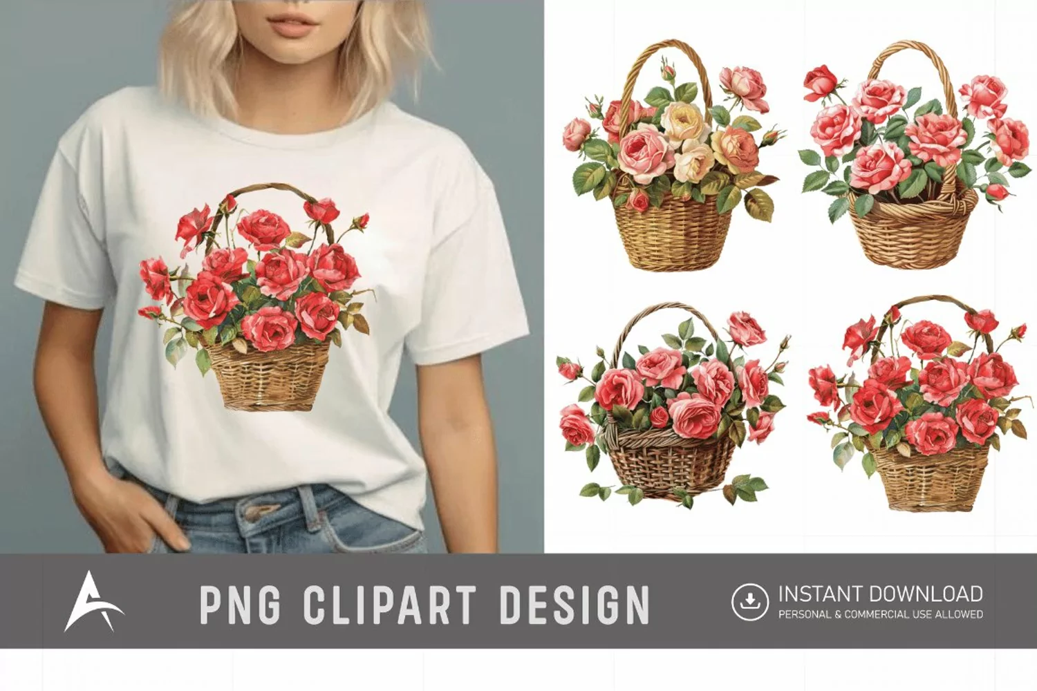 Watercolor Roses in a Basket Clipart product image 1
