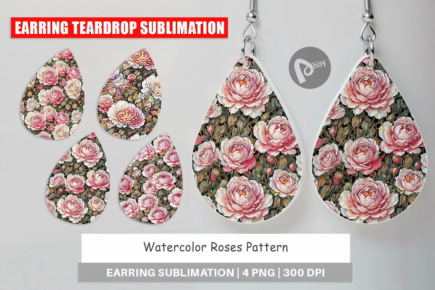 Earring Teardrop Watercolor Roses Pattern product image 1
