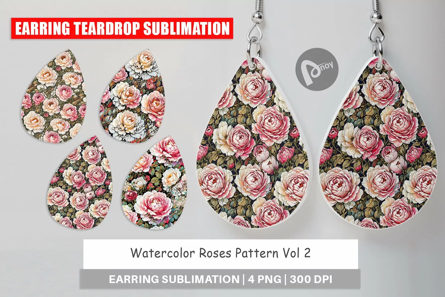 Earring Teardrop Watercolor Roses Pattern product image 1