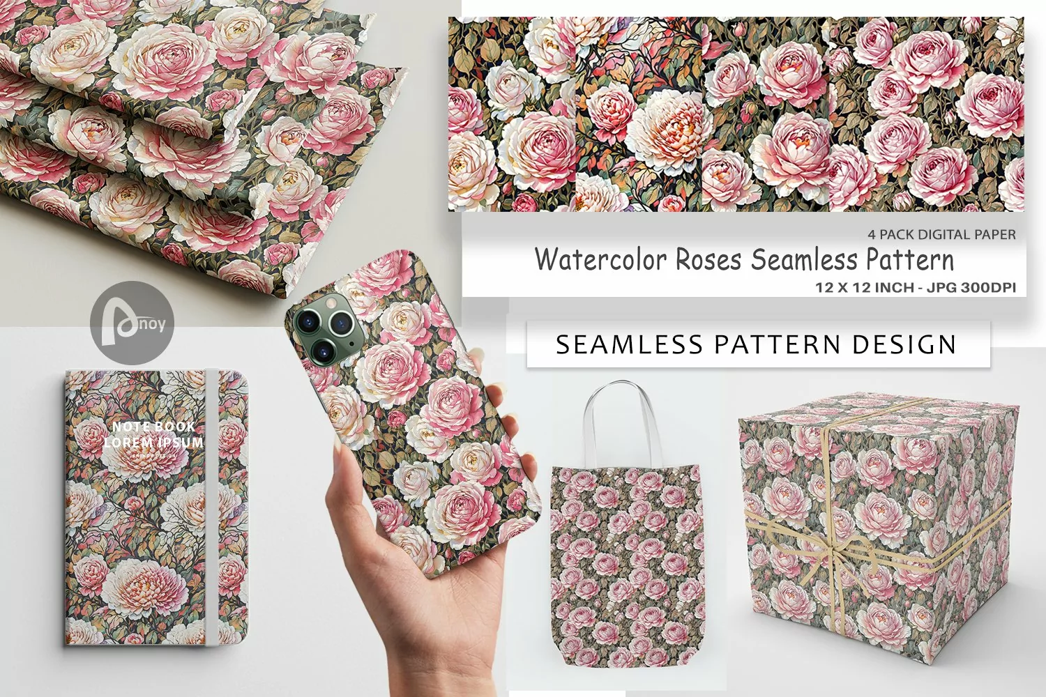 Digital Paper Watercolor Roses Pattern product image 1
