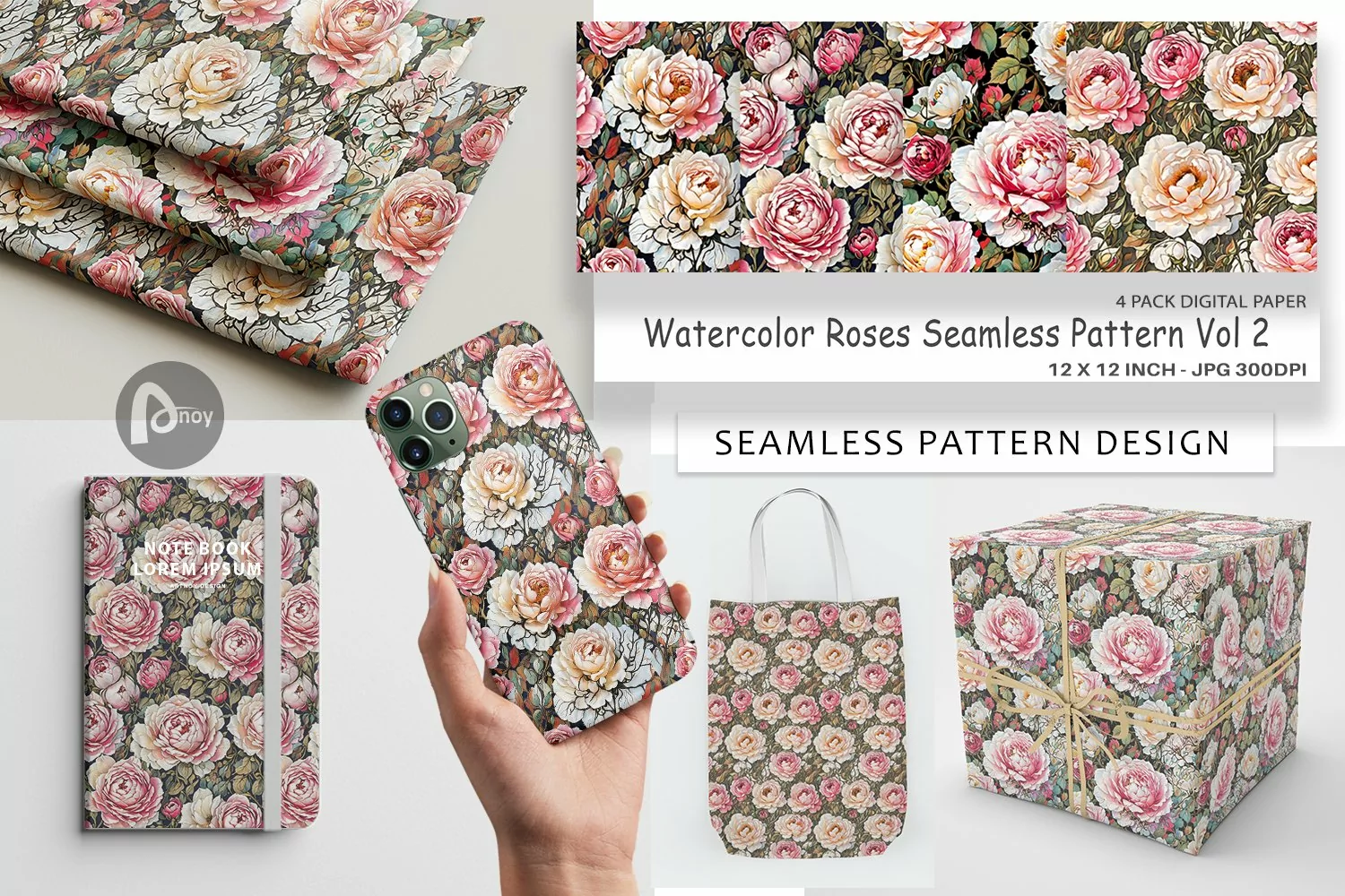 Digital Paper Watercolor Roses Pattern product image 1
