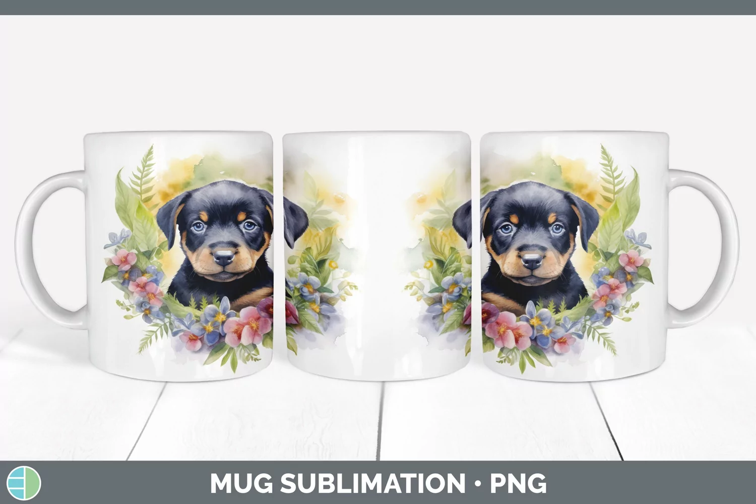 GorgeousWild Flowers Rottweilers Mug Wrap design.