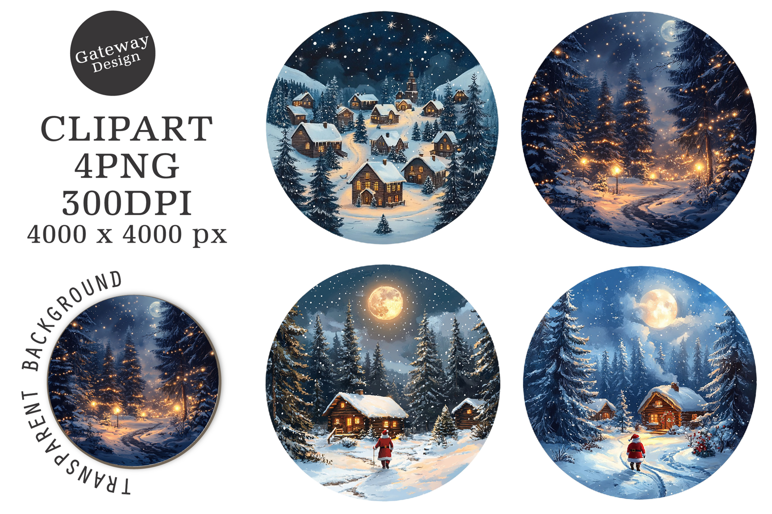 Watercolor Round Christmas Scenes Clipart product image 1