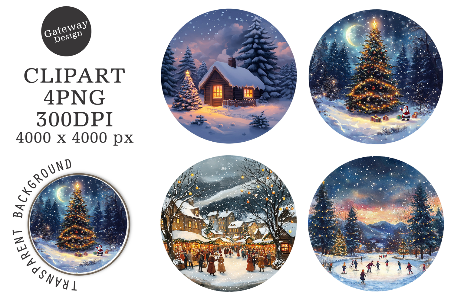 Watercolor Round Christmas Scenes Clipart product image 1