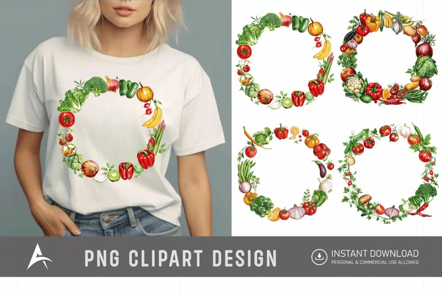 Round frame with fresh food and vegetables Clipart product image 1