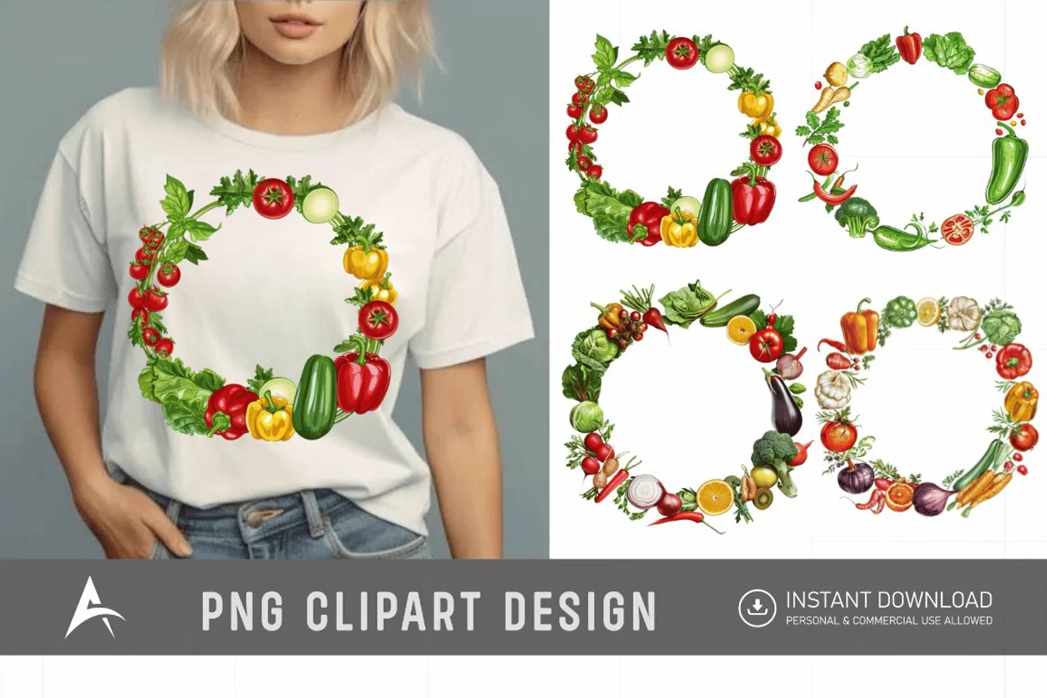 Round frame with fresh food and vegetables Clipart product image 1