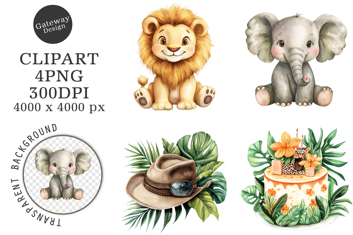 Watercolor Safari Animals Png product image 1