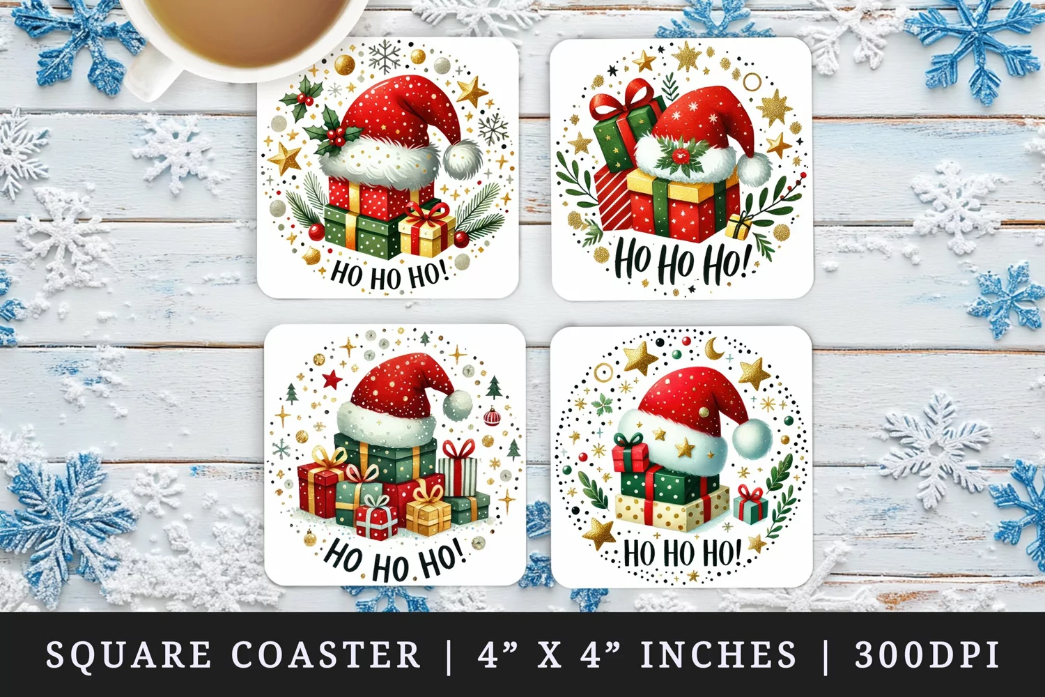 Watercolor Santa hat on stack of Christmas presents Ho Ho Ho Christmas quote New Year winter print square coaster mug coasters sublimation design