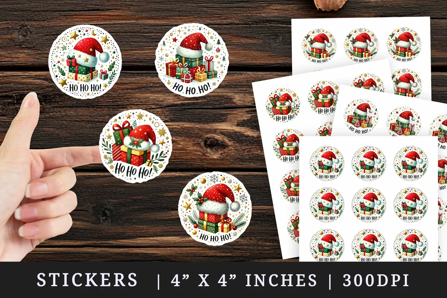 Watercolor Santa hat on stack of Christmas presents Ho Ho Ho Christmas quote New Year winter print sticker sheet stickers printable sublimation design png