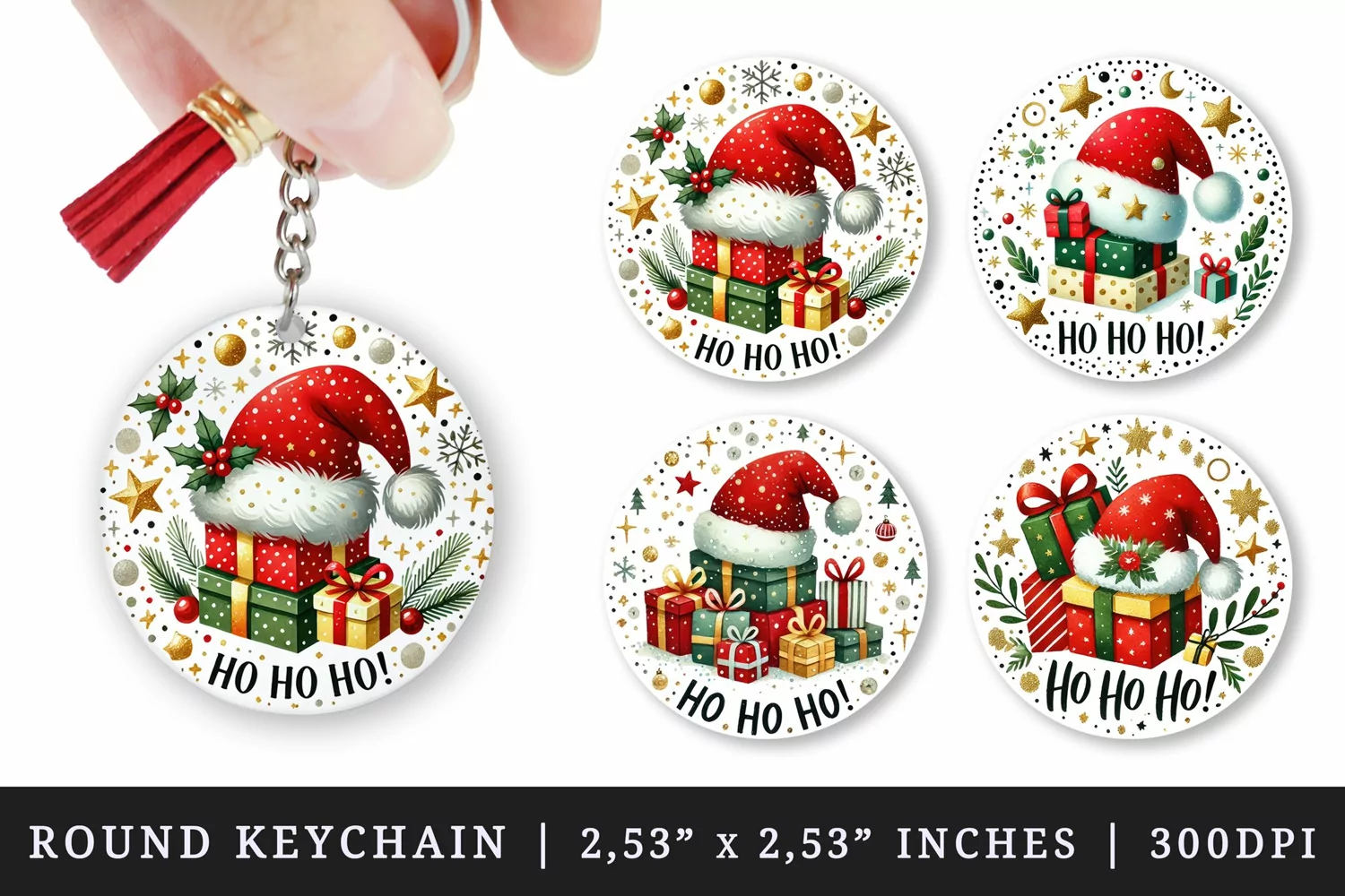 Watercolor Santa hat resting on stack of Christmas presents Ho Ho Ho Christmas quote New Year winter print round keychain keychains sublimation design