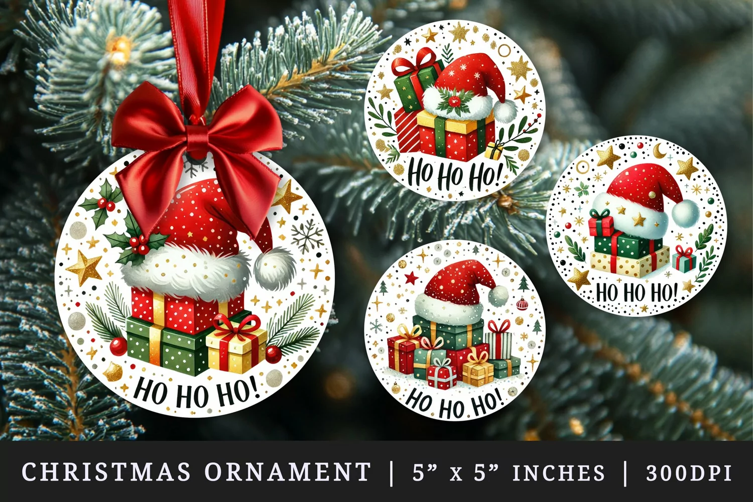 Watercolor Santa hat resting on stack of Christmas presents Ho Ho Ho Christmas quote New Year winter print round ornament ornaments sublimation design
