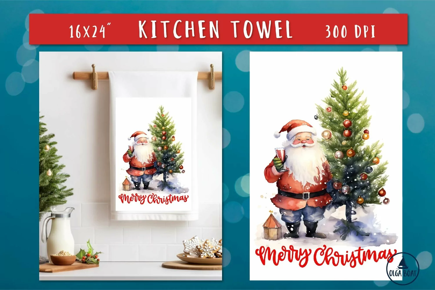 Watercolor Santa with wine  Kitchen towel christmas