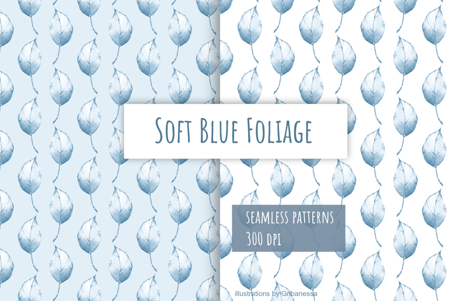 2 Watercolor Blue Leaf Seamless Patterns Digital Paper product image 1