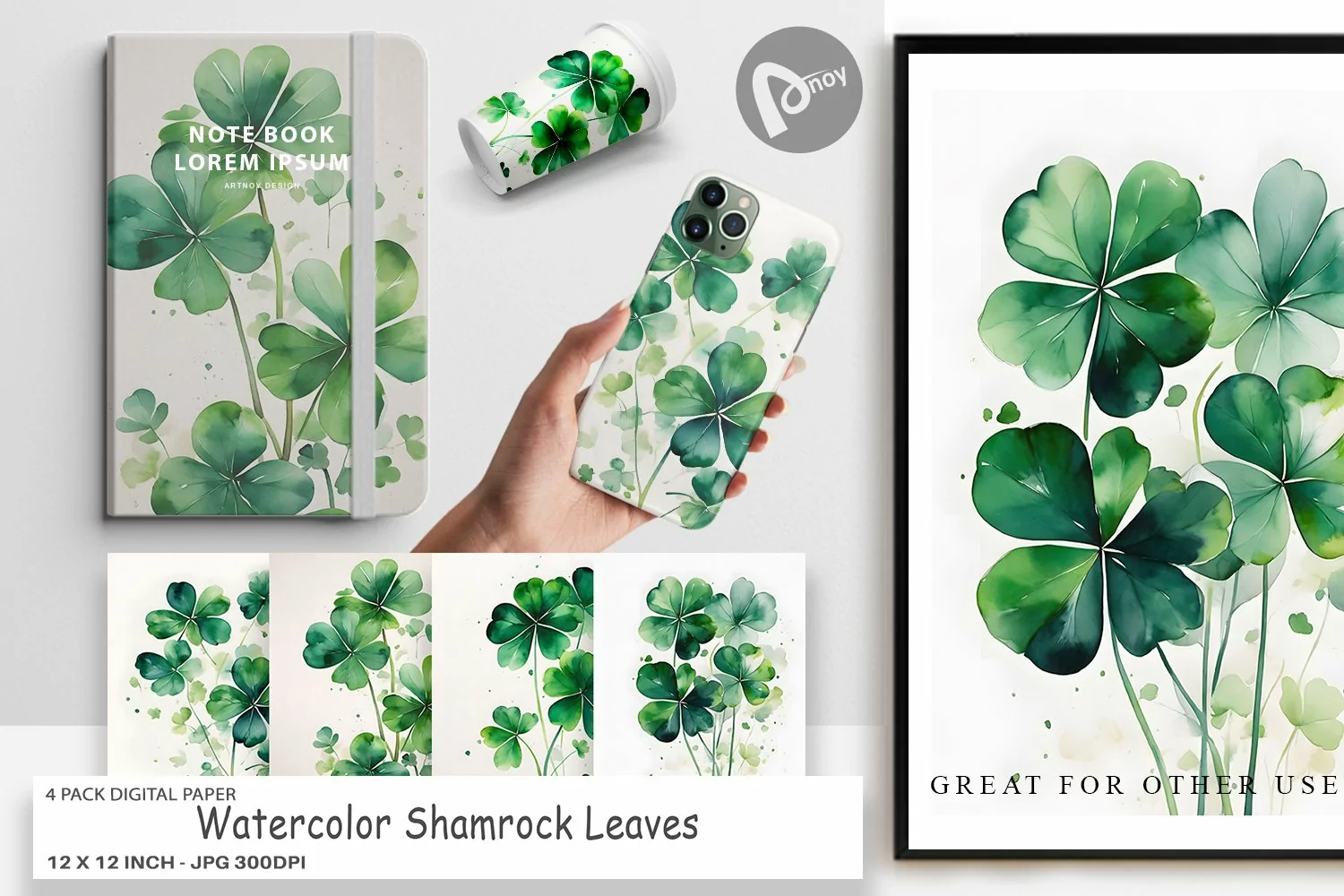Digital Paper Watercolor Shamrock Leaves product image 1