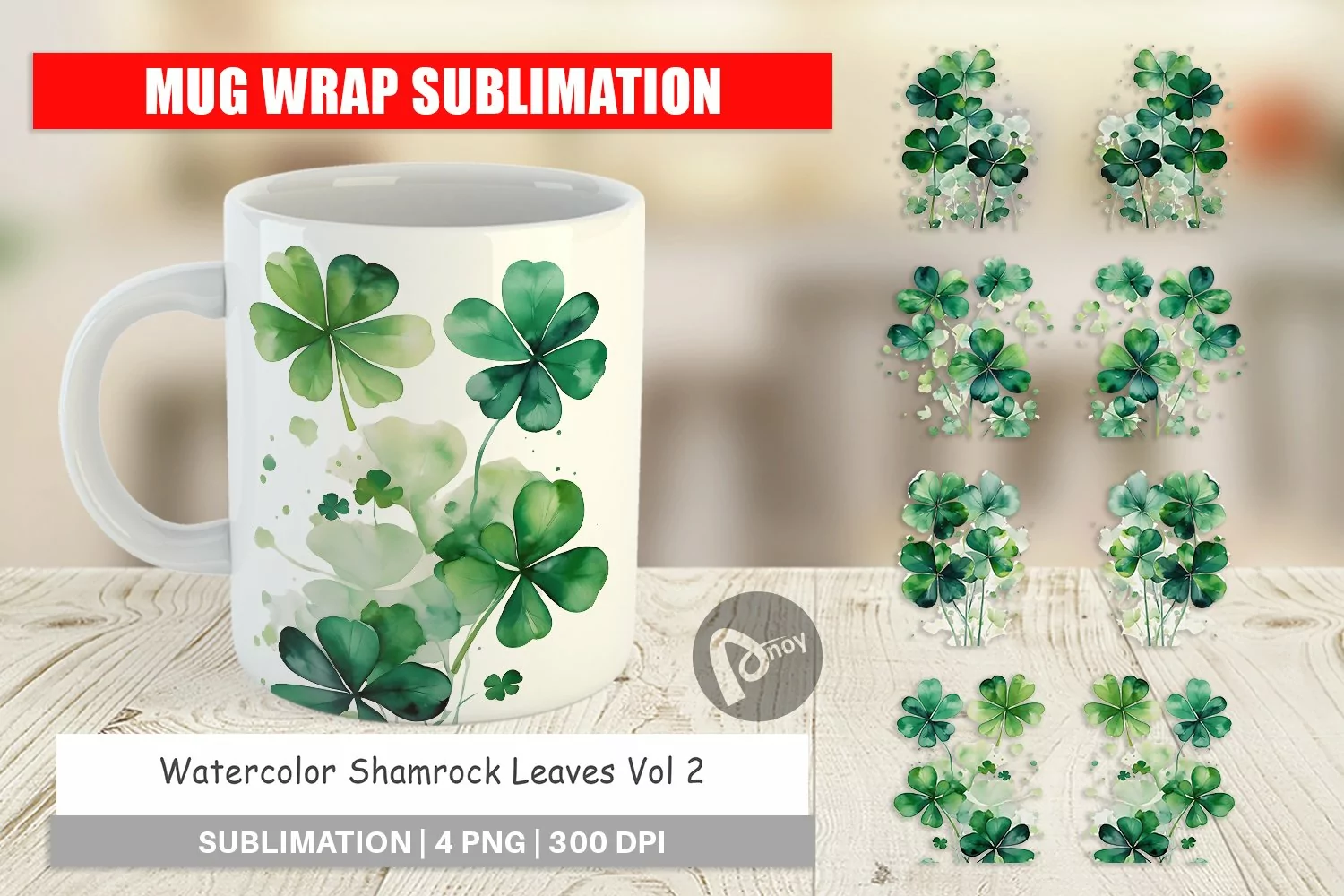 Mug Wrap Design Watercolor Shamrock Leaves product image 1