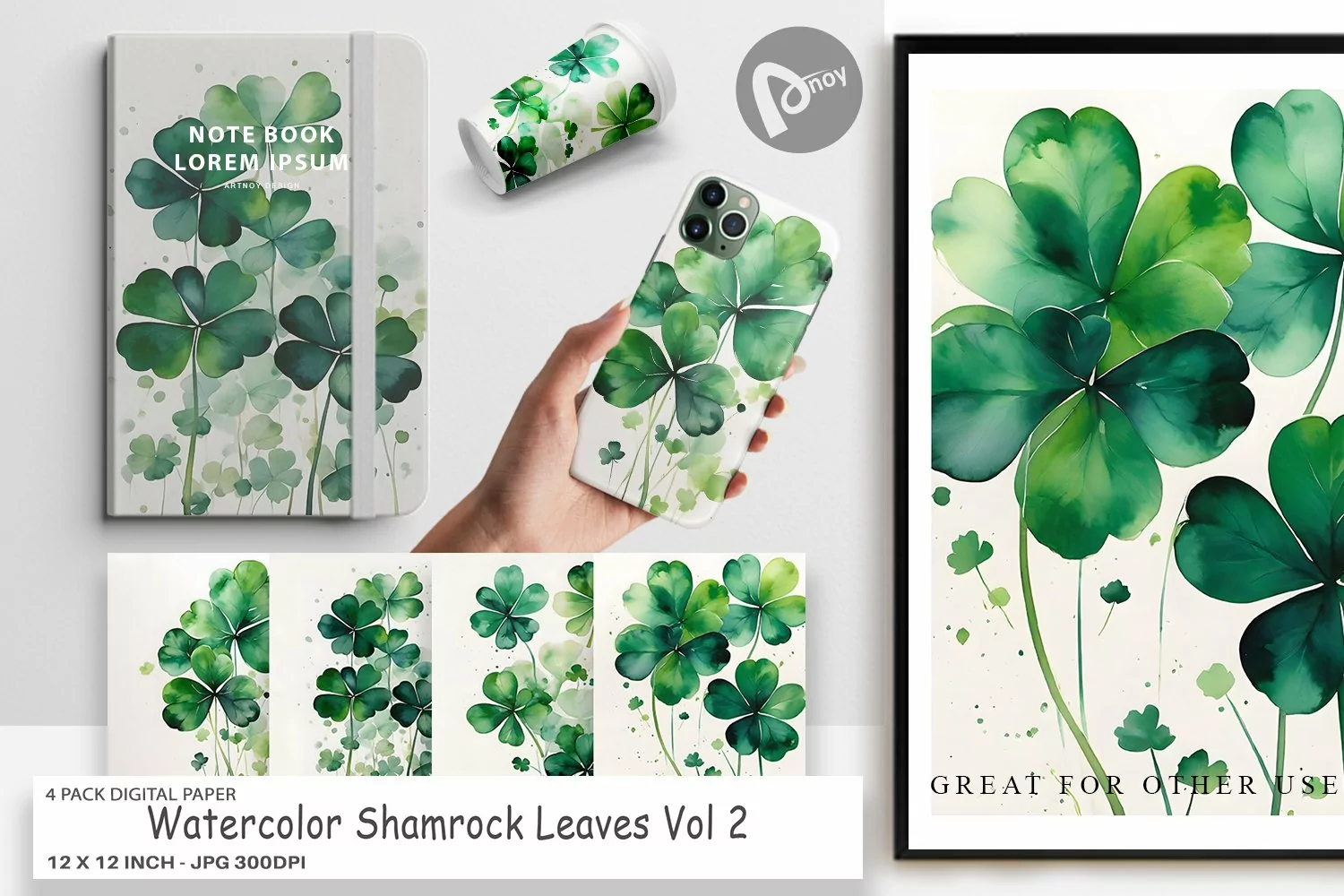 Digital Paper Watercolor Shamrock Leaves product image 1