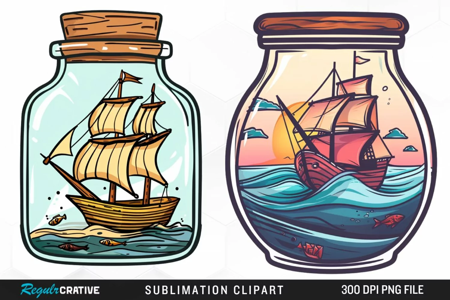 Watercolor Ship At The Sea In A Jar Art Clipart product image 1
