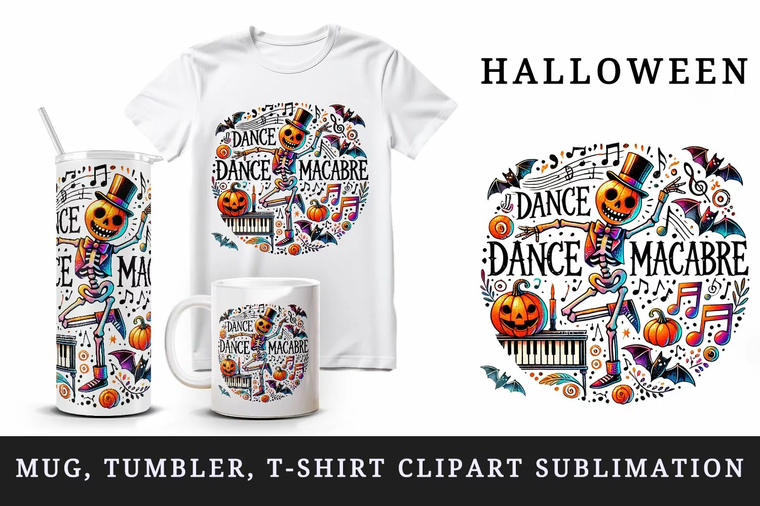 Watercolor skeleton dancing musical notes Dance Macabre Halloween circular print tumbler skinny mug wrap clipart t-shirt sublimation printable design