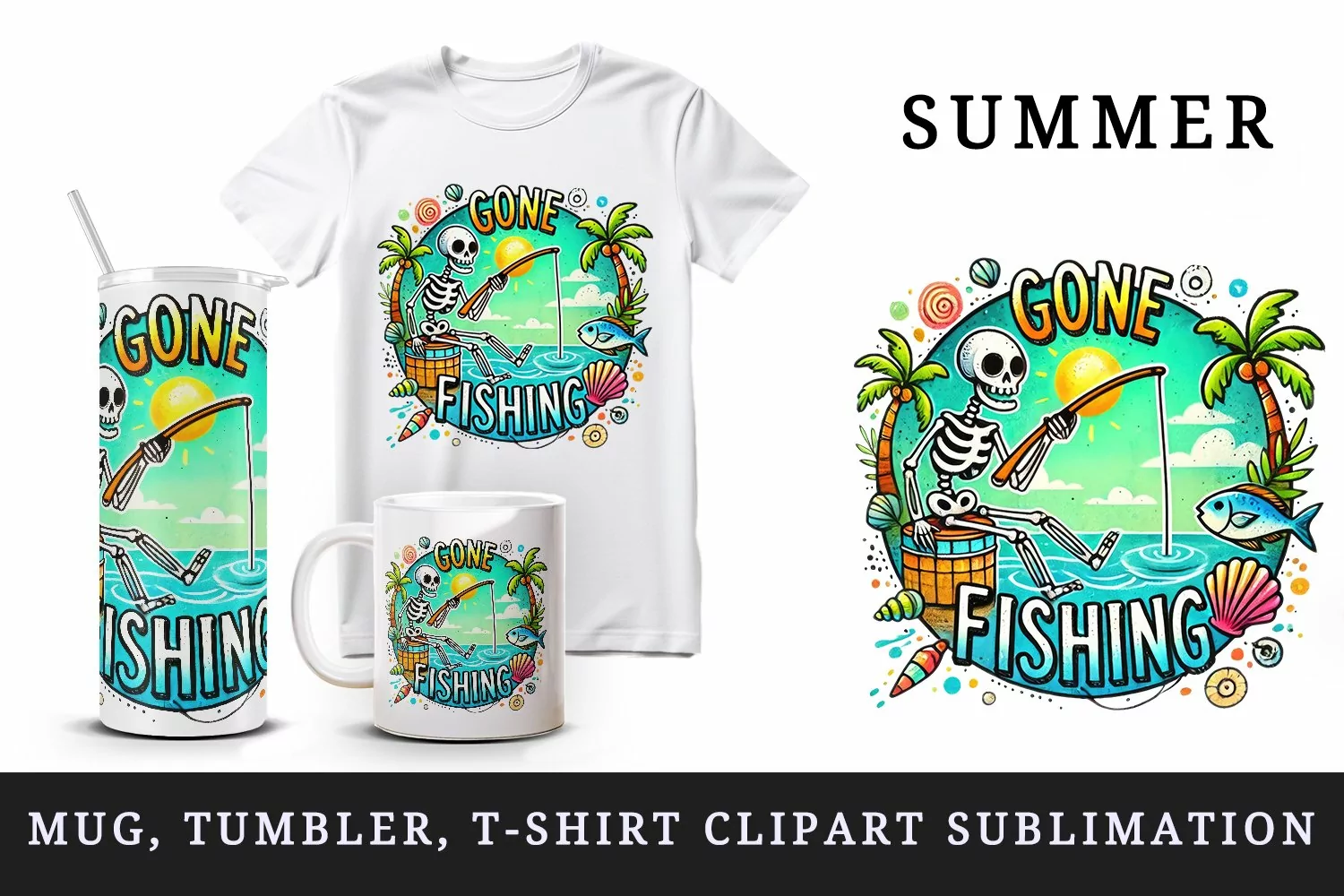 Watercolor skeleton with fishing rod palm tree Gone Fishing summer print 20 oz tumbler skinny mug wrap clipart t-shirt sublimation printable design