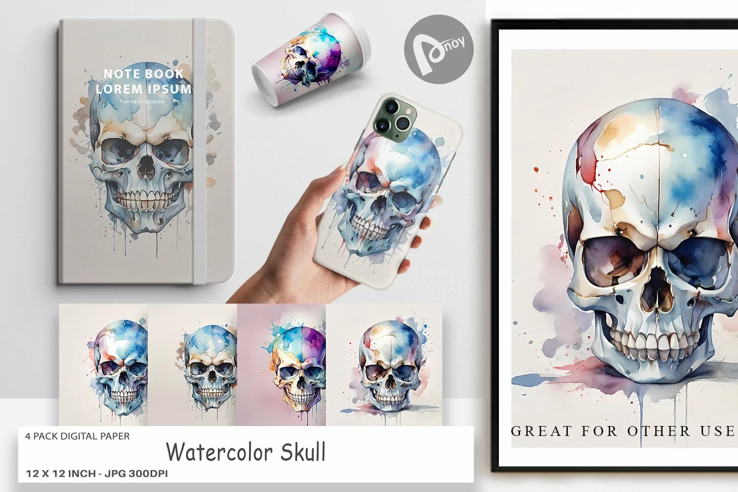 Digital Paper Watercolor Skull product image 1