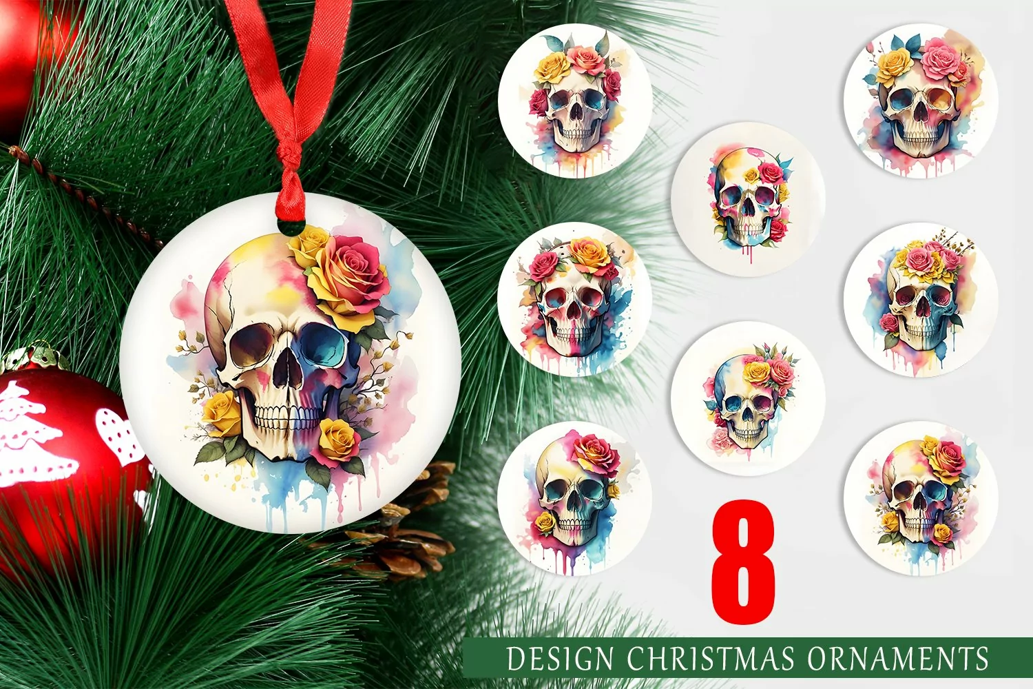Christmas Ornaments Watercolor Skull Flower product image 1
