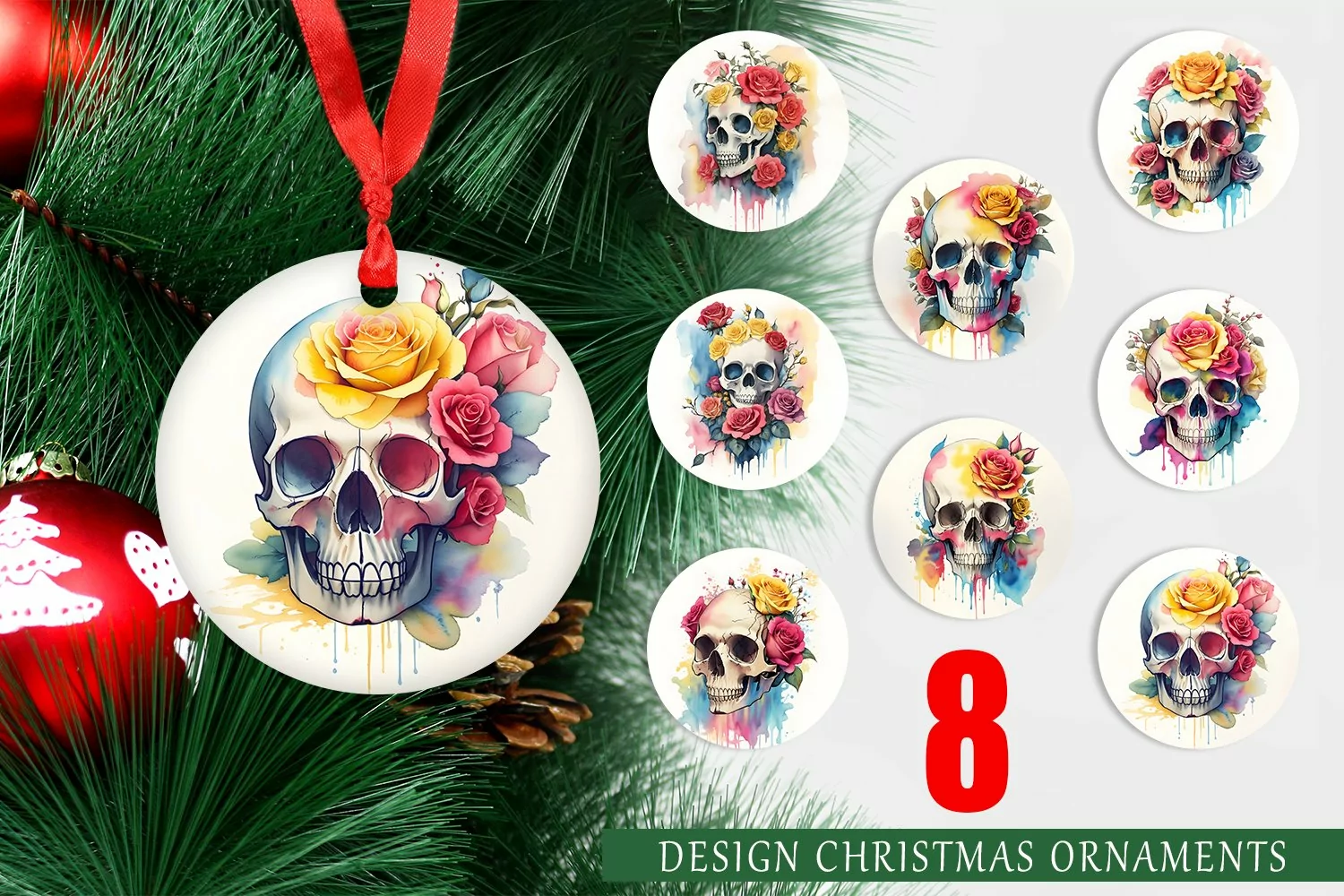 Christmas Ornaments Watercolor Skull Flower product image 1