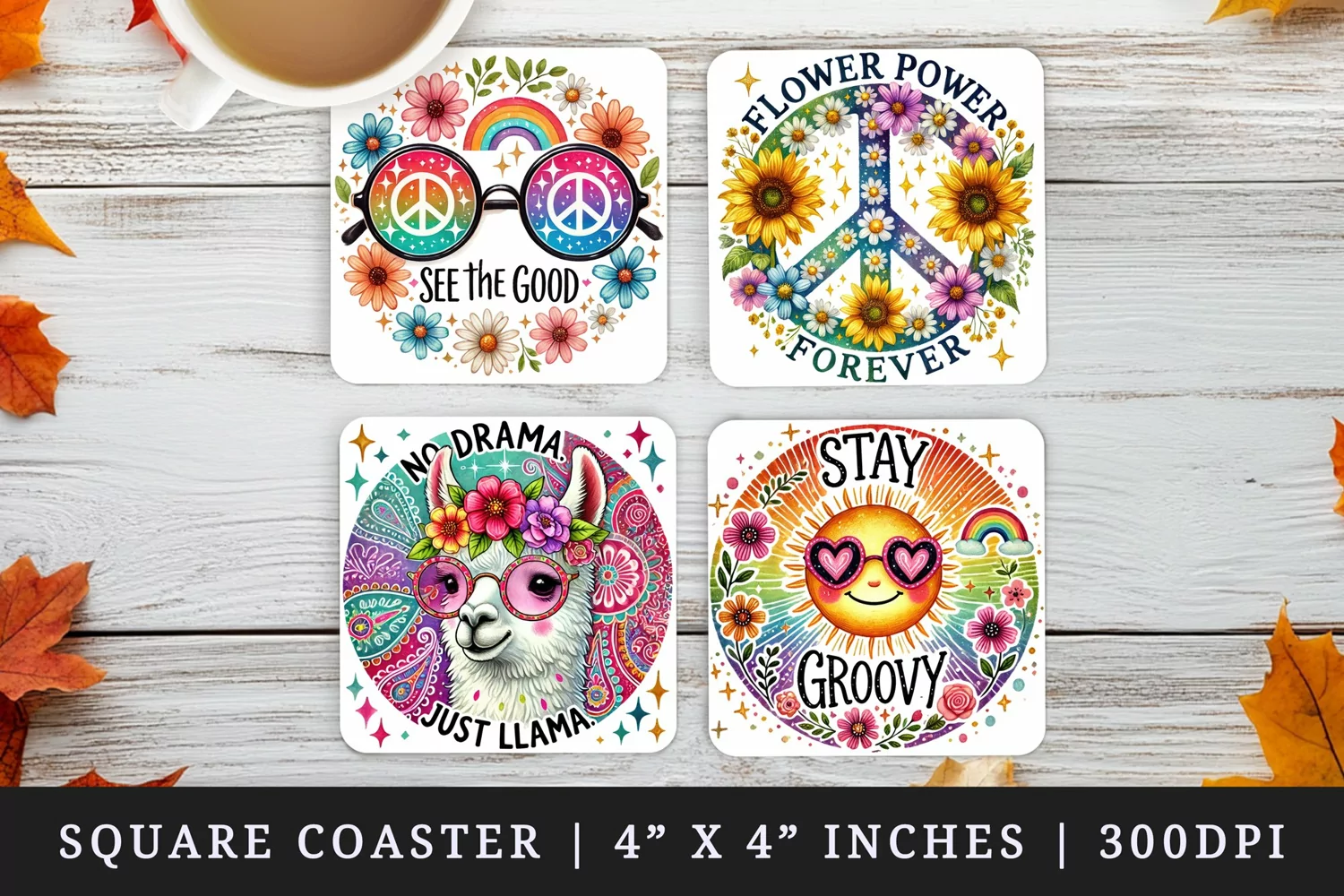 Watercolor smiling sun with sunglasses llama peace sign sunflower daisies Boho Hippie Retro quote print square coaster mug coasters sublimation design