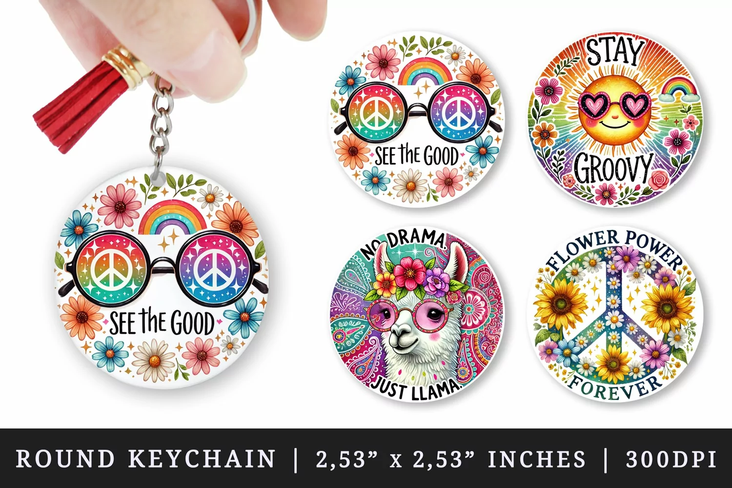 Watercolor smiling sun with sunglasses llama peace sign sunflowers daisies Boho Hippie Retro quote print round keychain keychains sublimation design