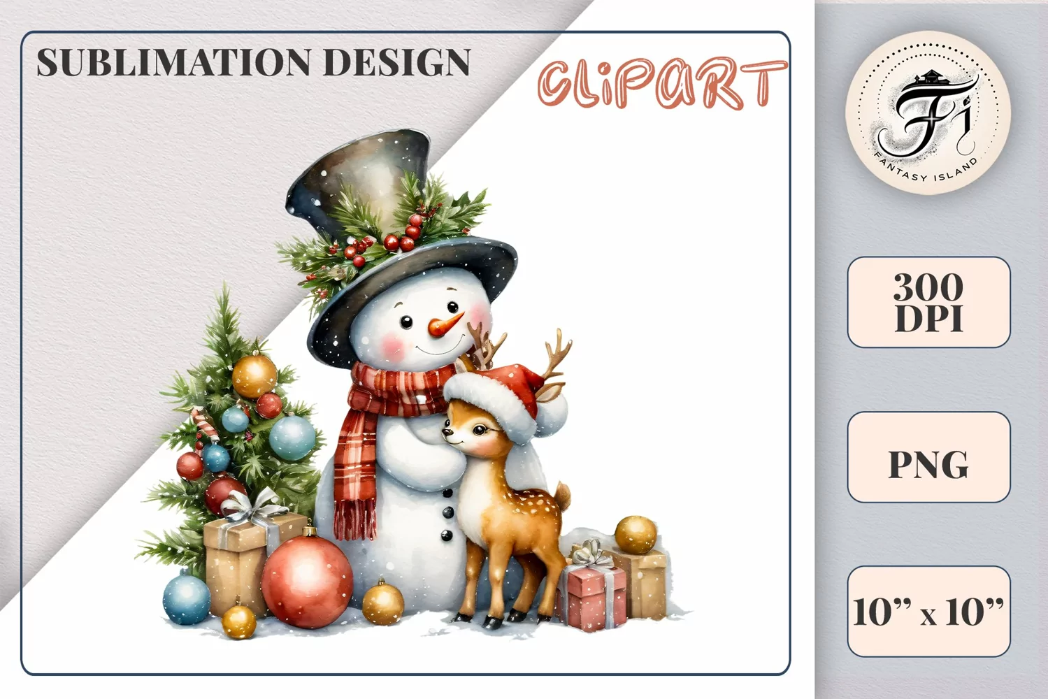 Download this charming watercolor clipart featuring a snowman and reindeer for your holiday projects! Perfect for cards, scrapbooking, and decorations. High-quality 300 dpi, transparent background. Bring warmth and magic to your Christmas designs.