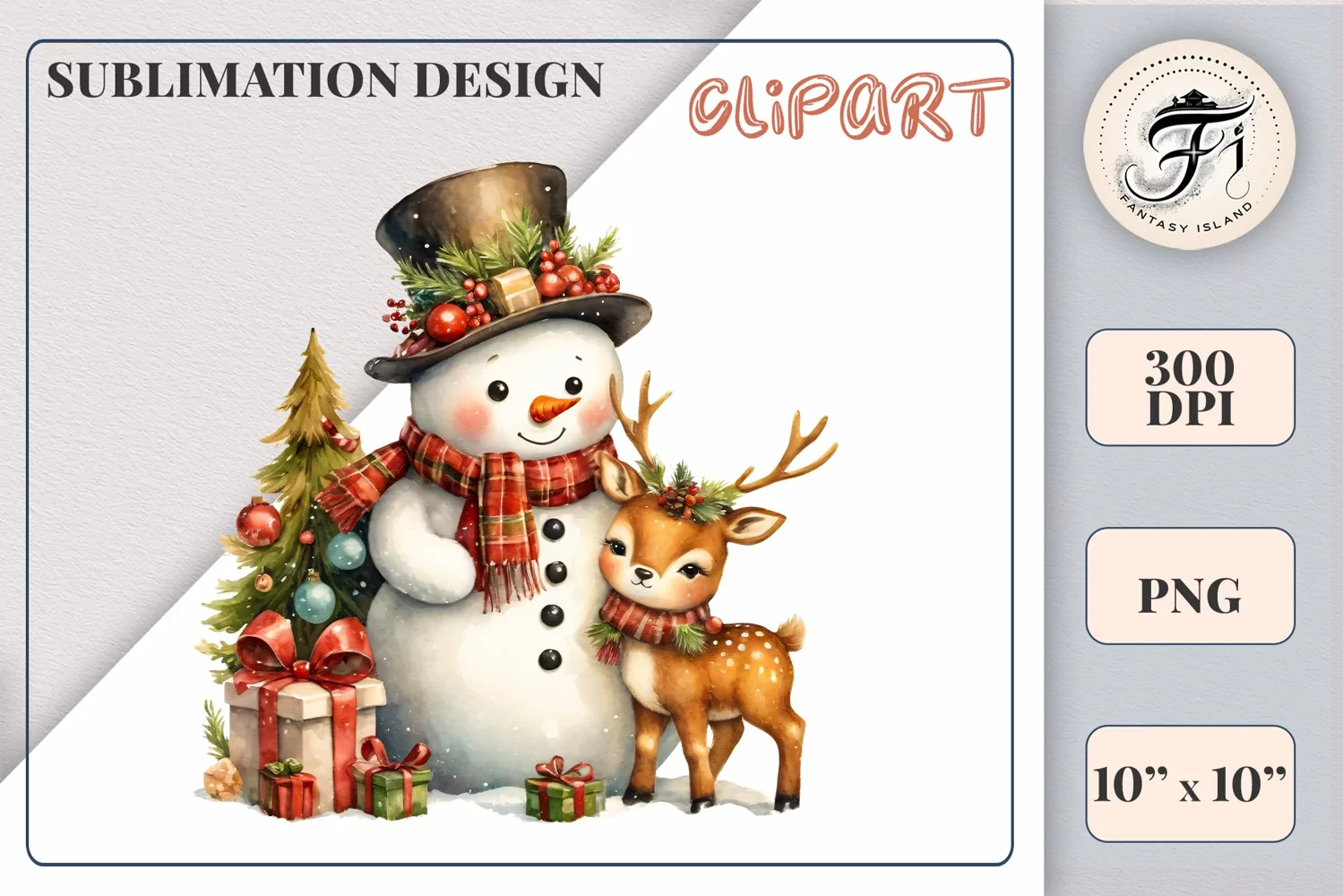 Download this charming watercolor clipart featuring a snowman and reindeer for your holiday projects! Perfect for cards, scrapbooking, and decorations. High-quality 300 dpi, transparent background. Bring warmth and magic to your Christmas designs.