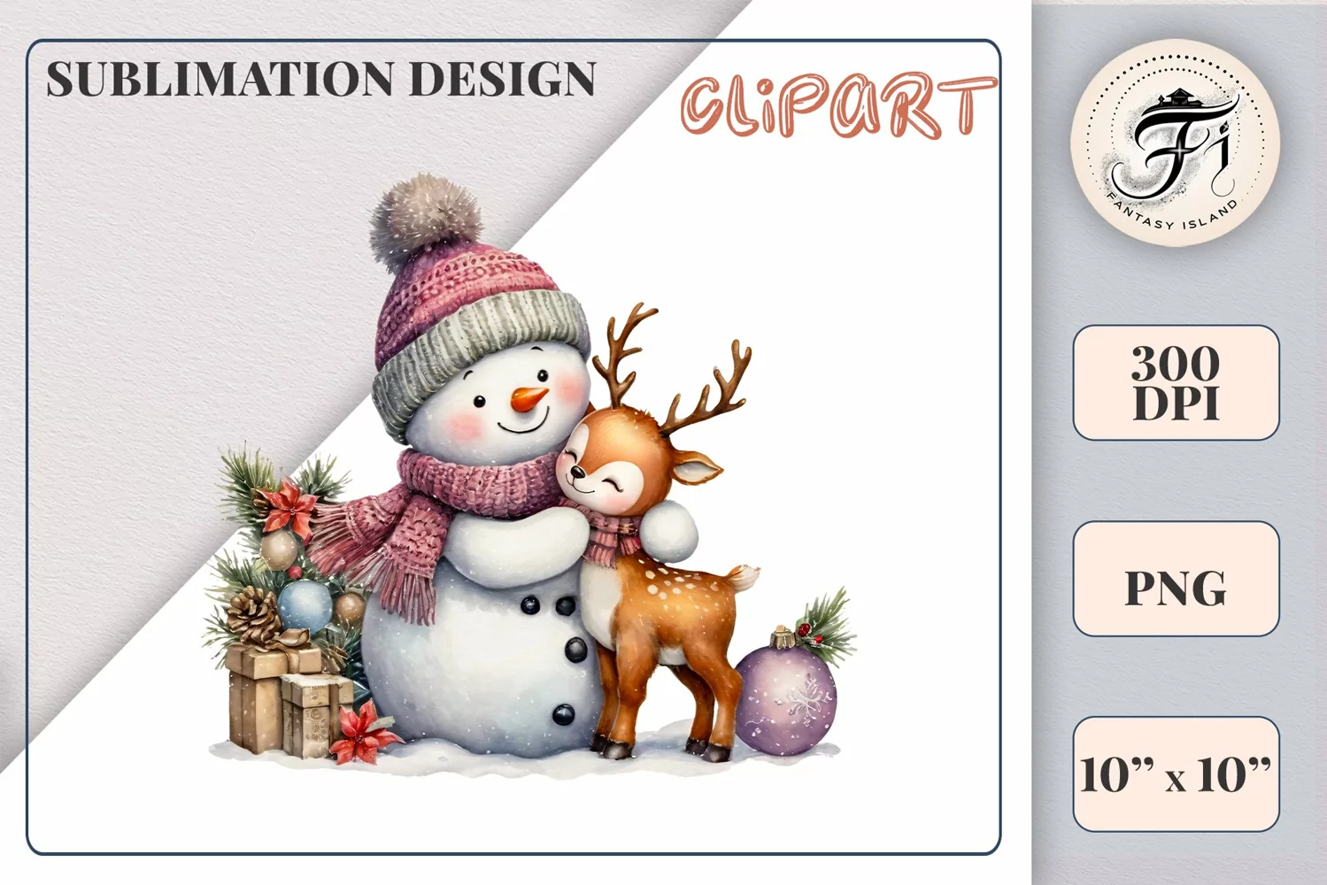 Download this charming watercolor clipart featuring a snowman and reindeer for your holiday projects! Perfect for cards, scrapbooking, and decorations. High-quality 300 dpi, transparent background. Bring warmth and magic to your Christmas designs.