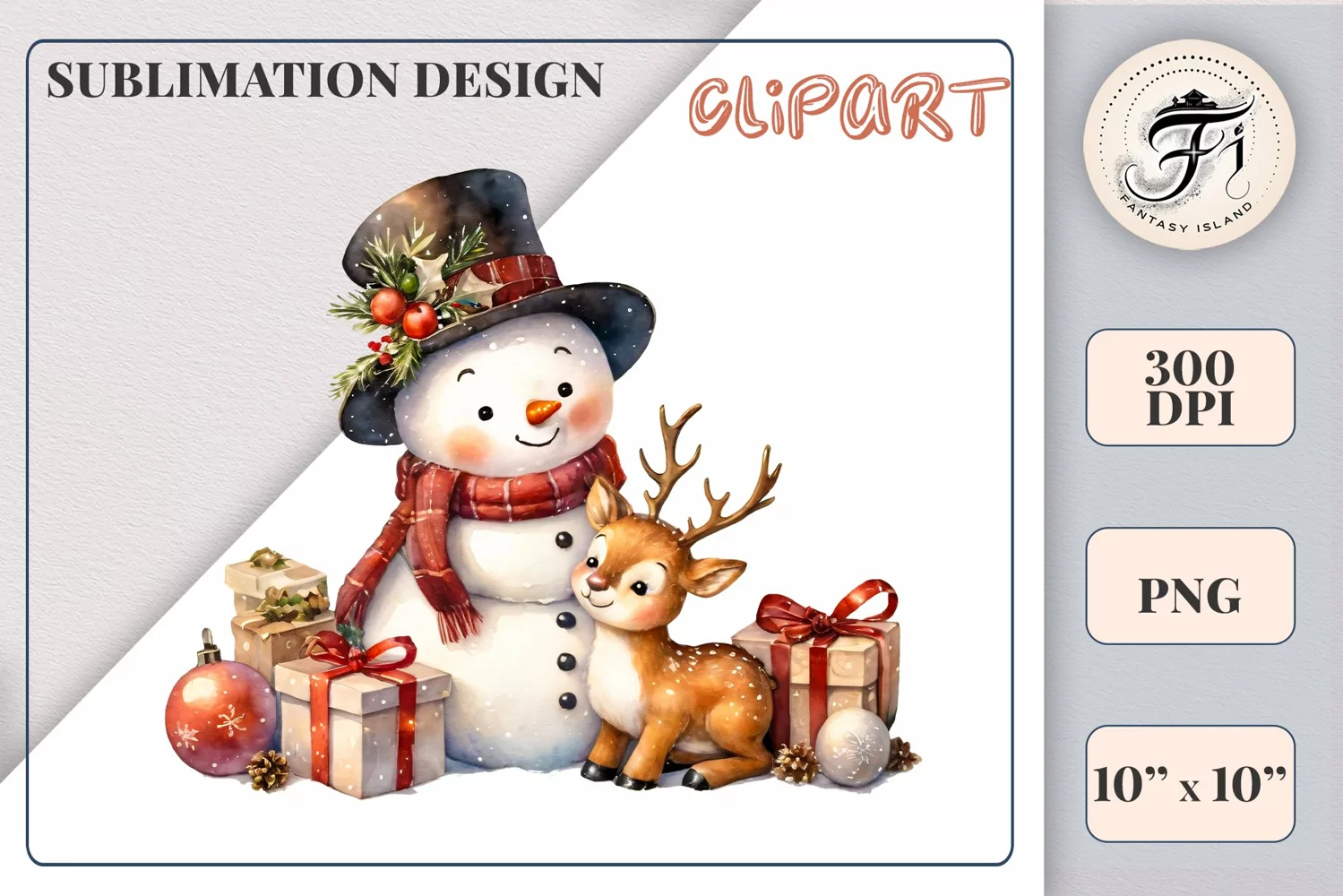 Download this charming watercolor clipart featuring a snowman and reindeer for your holiday projects! Perfect for cards, scrapbooking, and decorations. High-quality 300 dpi, transparent background. Bring warmth and magic to your Christmas designs.