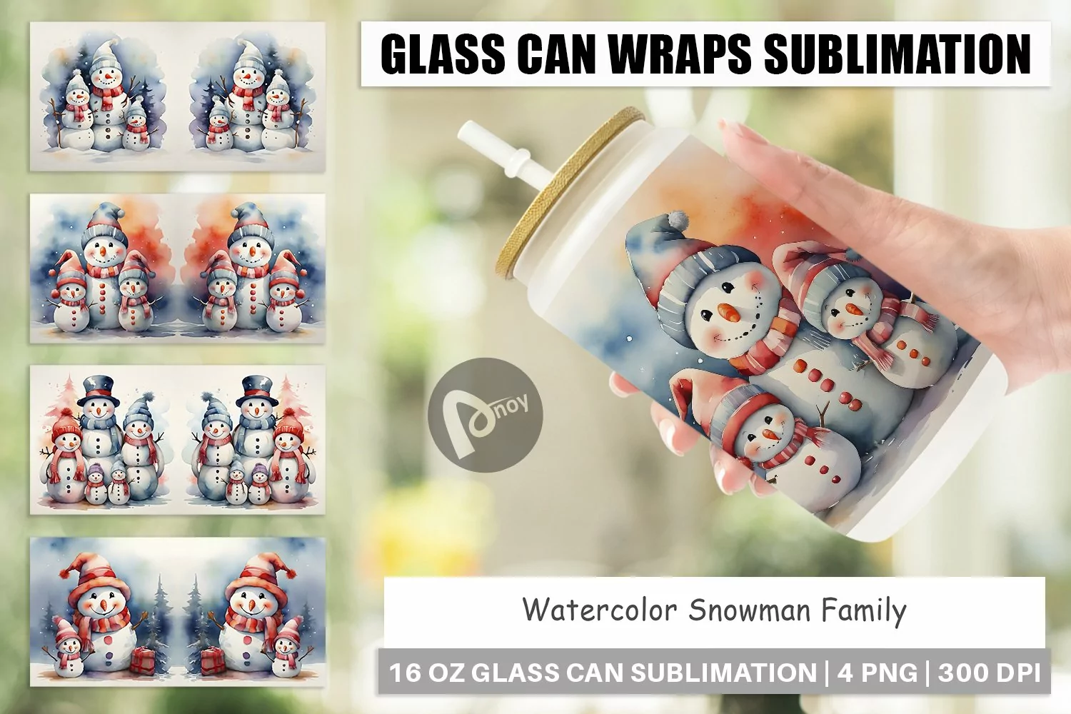 Glass Can Wraps Watercolor Snowman Family product image 1